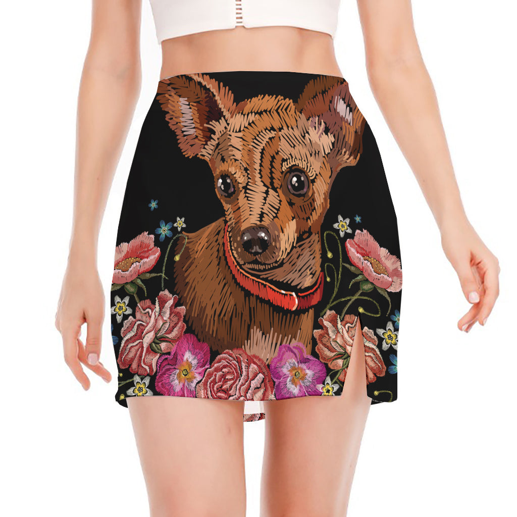 Embroidery Chihuahua And Flower Print Side Slit Mini Skirt