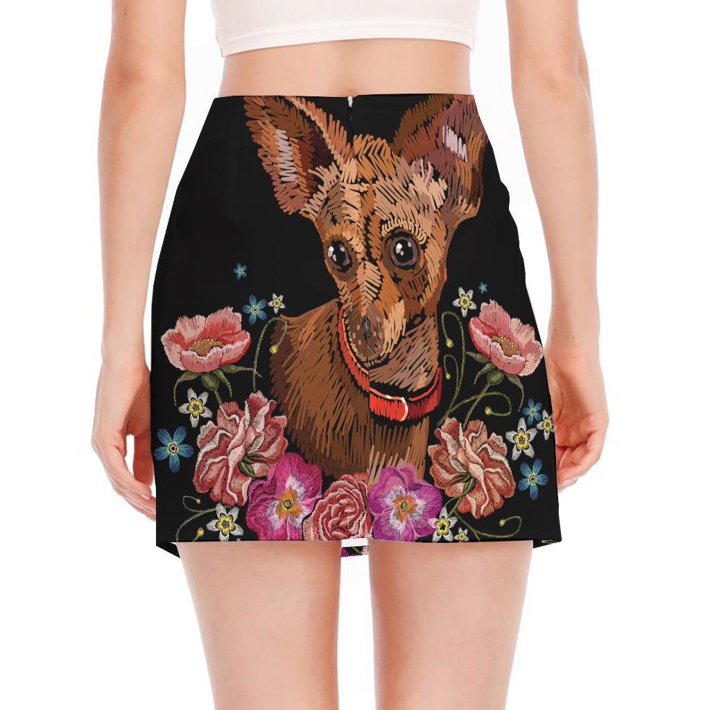 Embroidery Chihuahua And Flower Print Side Slit Mini Skirt