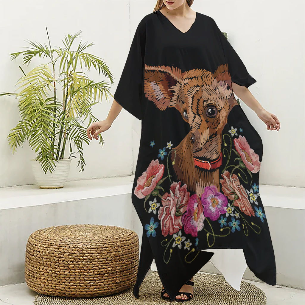 Embroidery Chihuahua And Flower Print Silk V-Neck Kaftan Dress