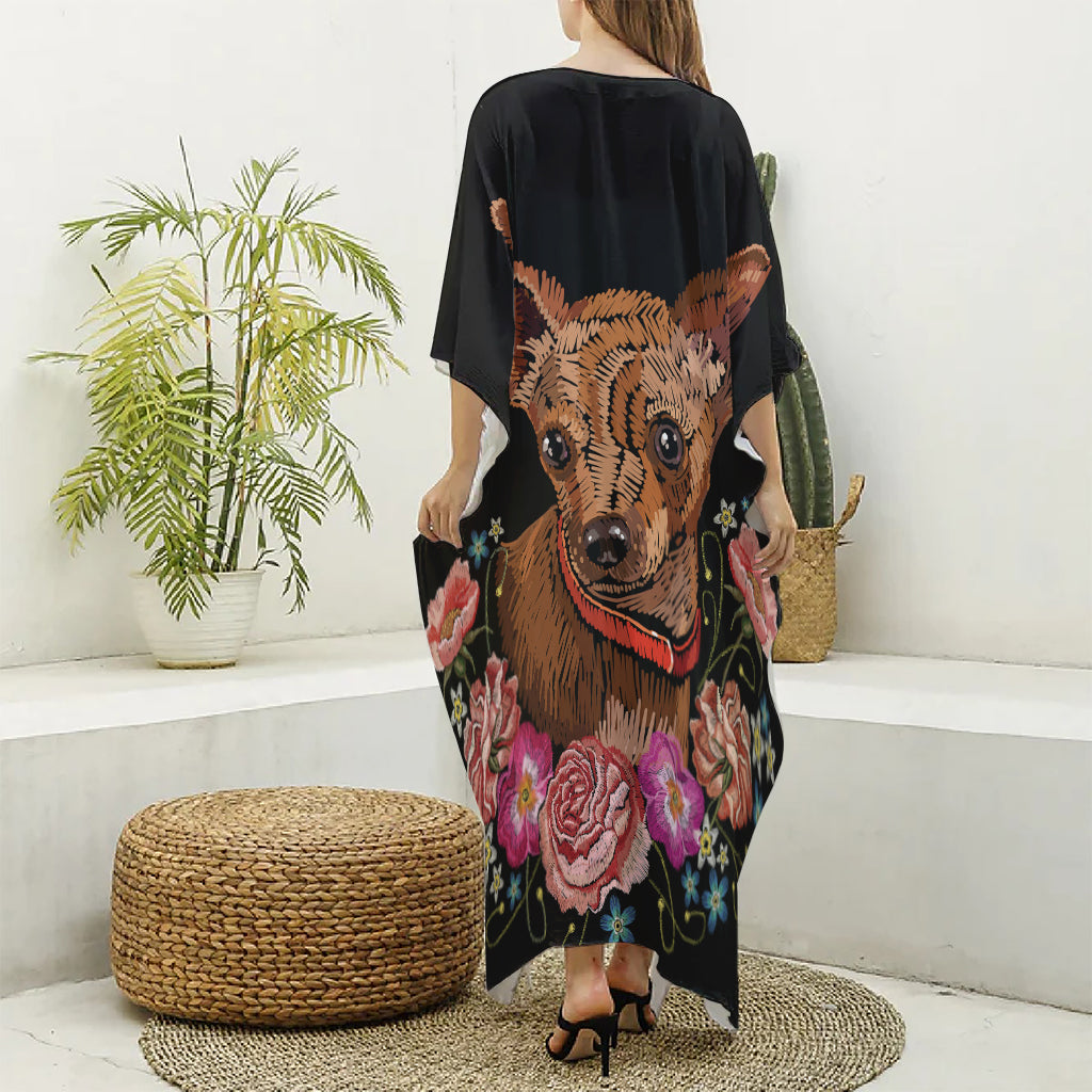 Embroidery Chihuahua And Flower Print Silk V-Neck Kaftan Dress