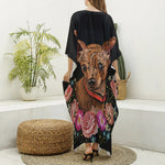 Embroidery Chihuahua And Flower Print Silk V-Neck Kaftan Dress