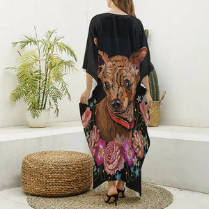 Embroidery Chihuahua And Flower Print Silk V-Neck Kaftan Dress