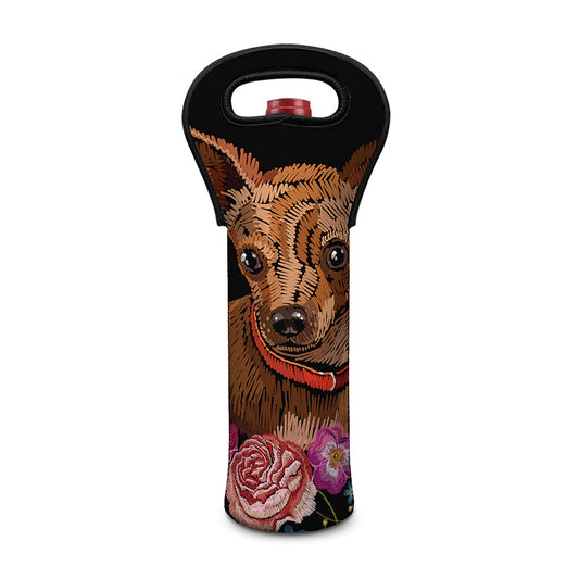 Embroidery Chihuahua And Flower Print Single Neoprene Wine Tote
