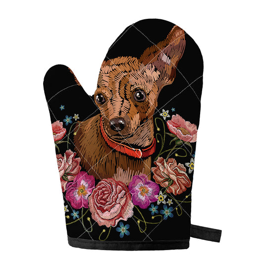 Embroidery Chihuahua And Flower Print Single Oven Mitt