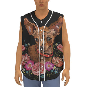 Embroidery Chihuahua And Flower Print Sleeveless Baseball Jersey