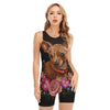 Embroidery Chihuahua And Flower Print Sleeveless One Piece Swimsuit