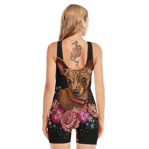 Embroidery Chihuahua And Flower Print Sleeveless One Piece Swimsuit