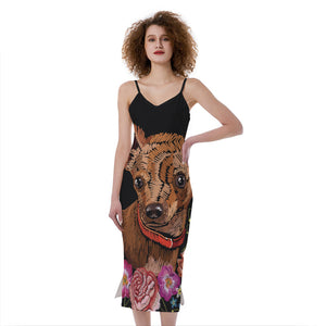 Embroidery Chihuahua And Flower Print Slim Fit Midi Cami Dress