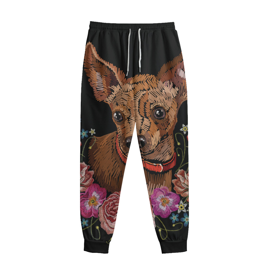 Embroidery Chihuahua And Flower Print Sweatpants