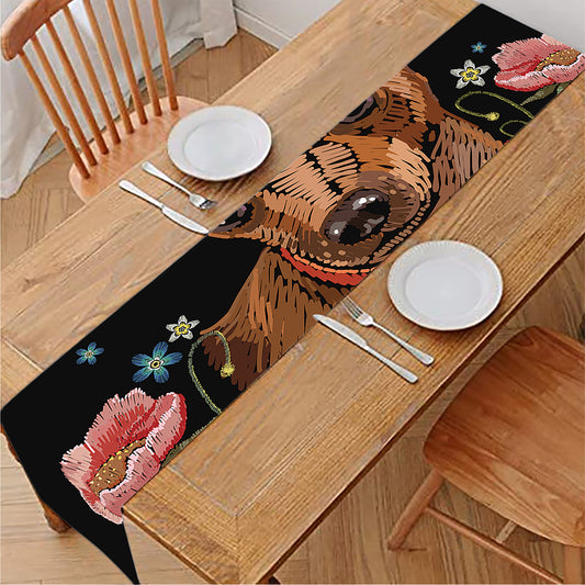 Embroidery Chihuahua And Flower Print Table Runner