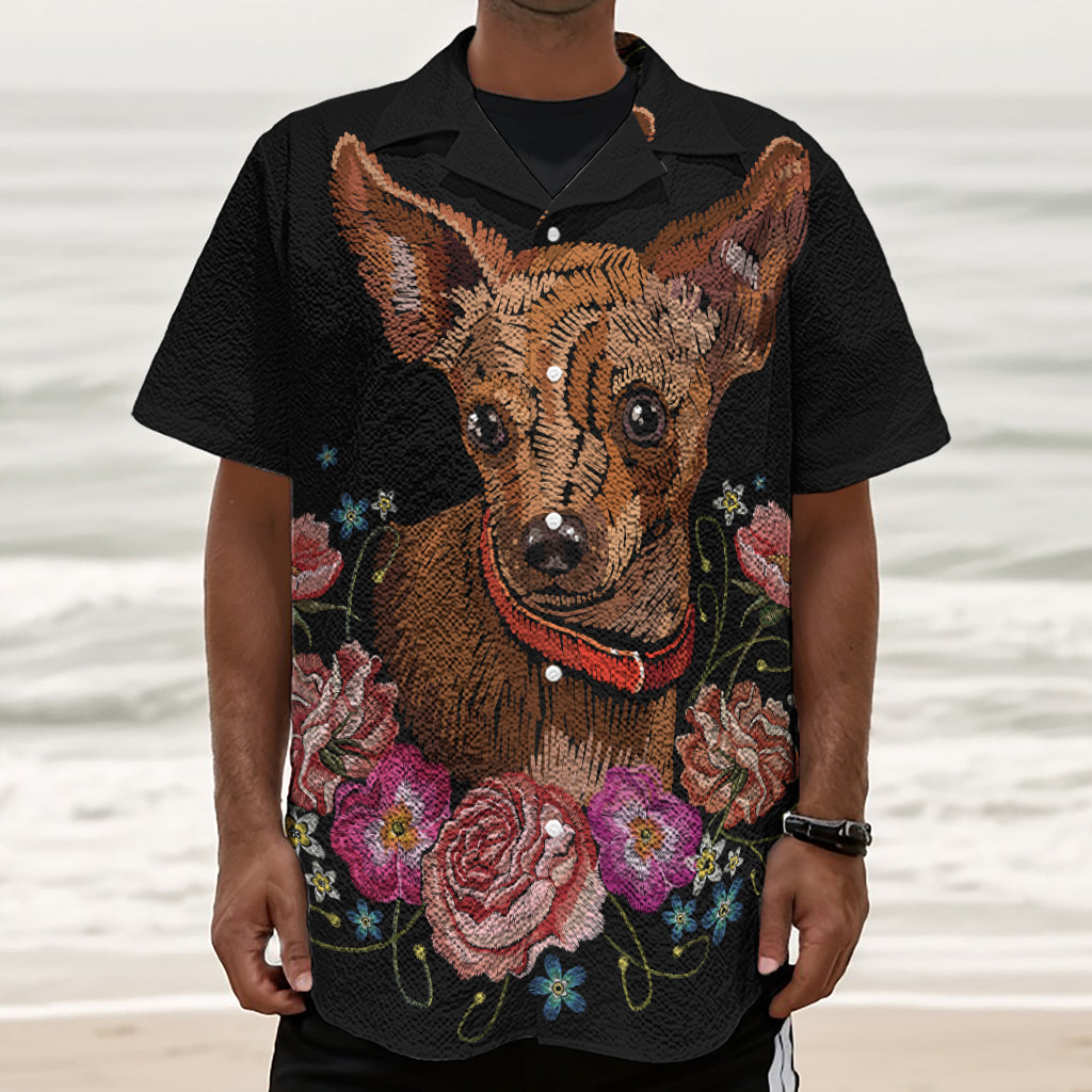 Embroidery Chihuahua And Flower Print Textured Short Sleeve Shirt