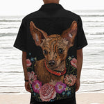 Embroidery Chihuahua And Flower Print Textured Short Sleeve Shirt