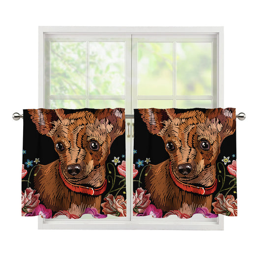 Embroidery Chihuahua And Flower Print Tier Curtains