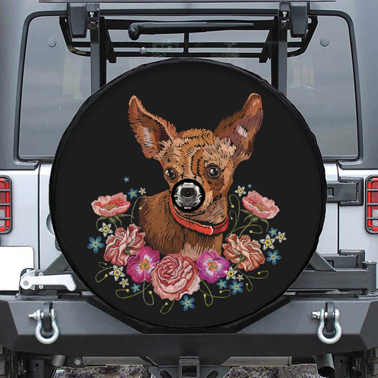 Embroidery Chihuahua And Flower Print Tire Cover With Camera Hole