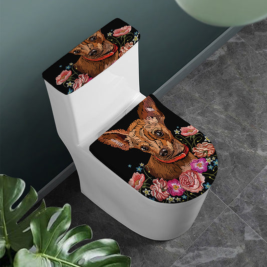 Embroidery Chihuahua And Flower Print Toilet Lid And Tank Cover Set