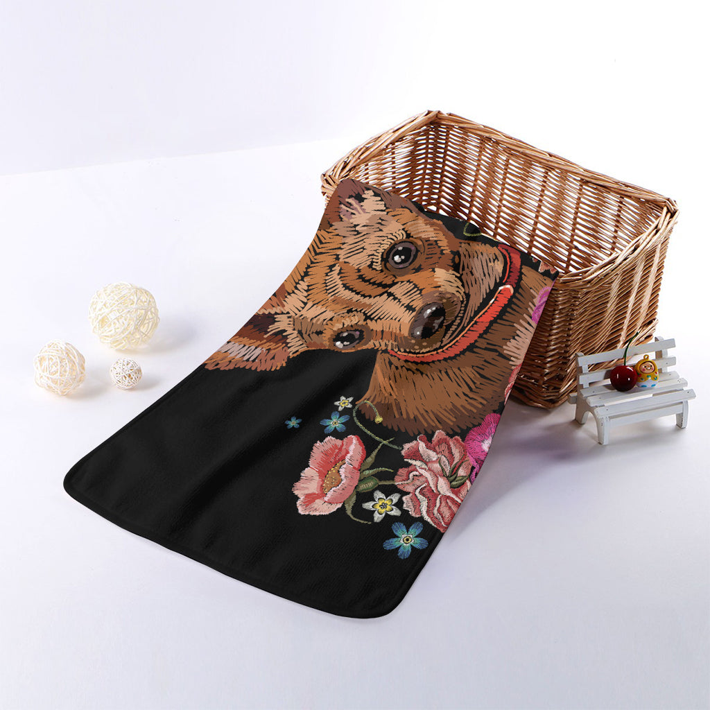 Embroidery Chihuahua And Flower Print Towel