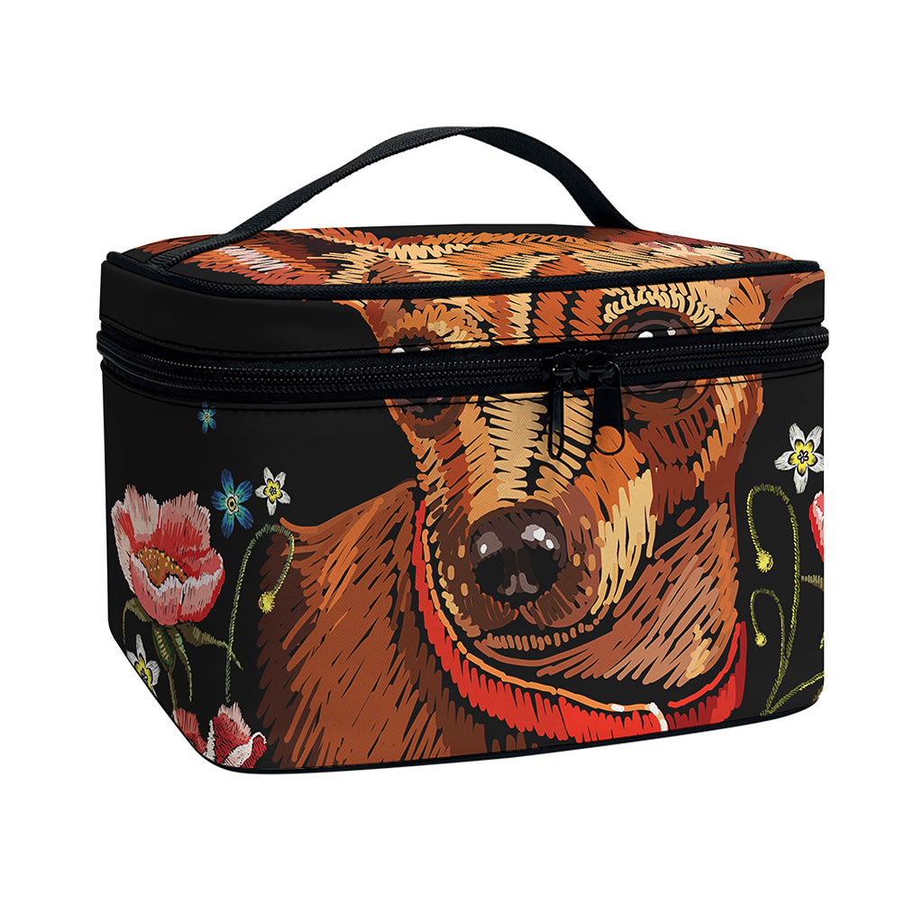 Embroidery Chihuahua And Flower Print Travel Makeup Bag