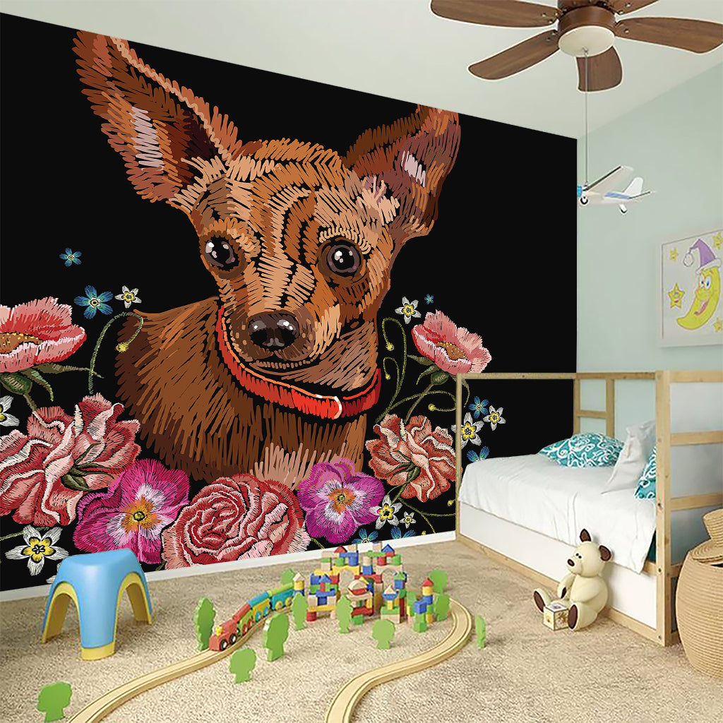 Embroidery Chihuahua And Flower Print Wall Sticker