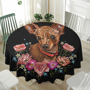 Embroidery Chihuahua And Flower Print Waterproof Round Tablecloth