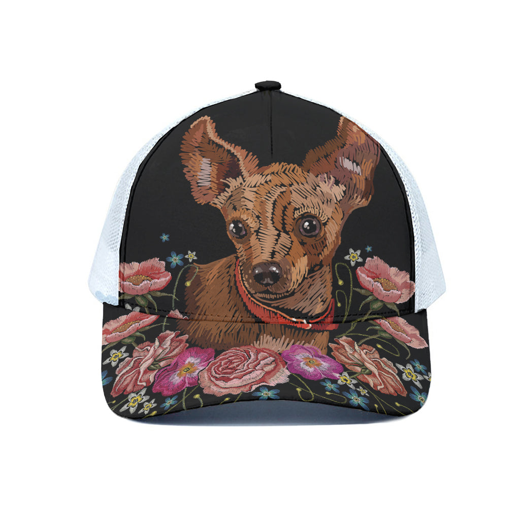 Embroidery Chihuahua And Flower Print White Mesh Trucker Cap