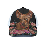 Embroidery Chihuahua And Flower Print White Mesh Trucker Cap