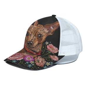 Embroidery Chihuahua And Flower Print White Mesh Trucker Cap