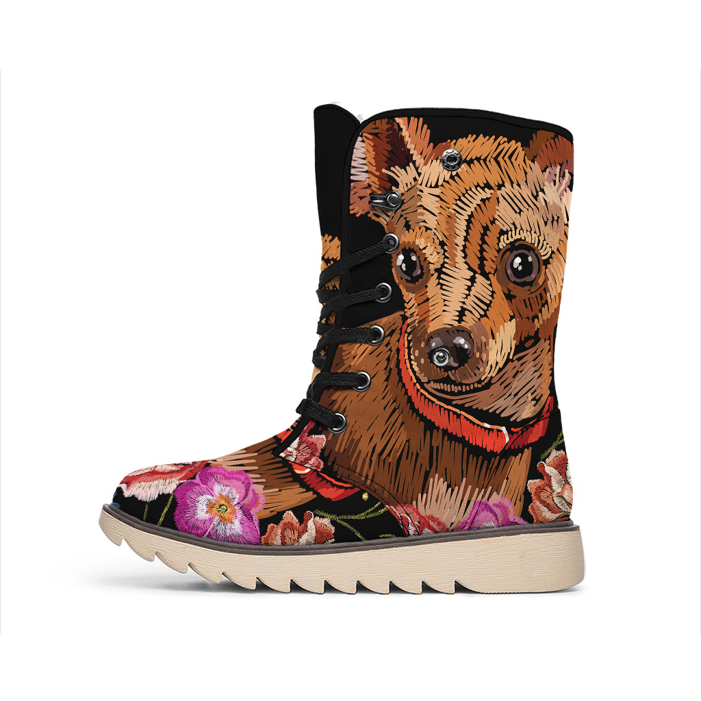 Embroidery Chihuahua And Flower Print Winter Boots