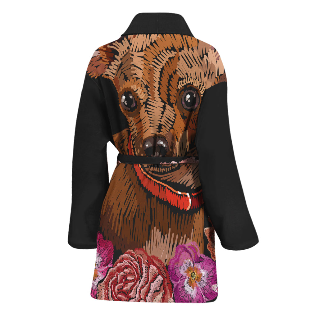 Embroidery Chihuahua And Flower Print Women's Bathrobe