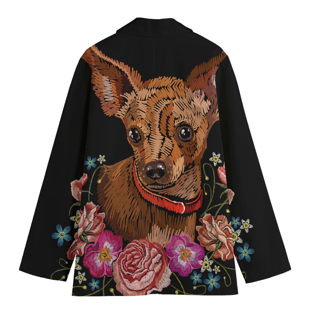 Embroidery Chihuahua And Flower Print Women's Blazer