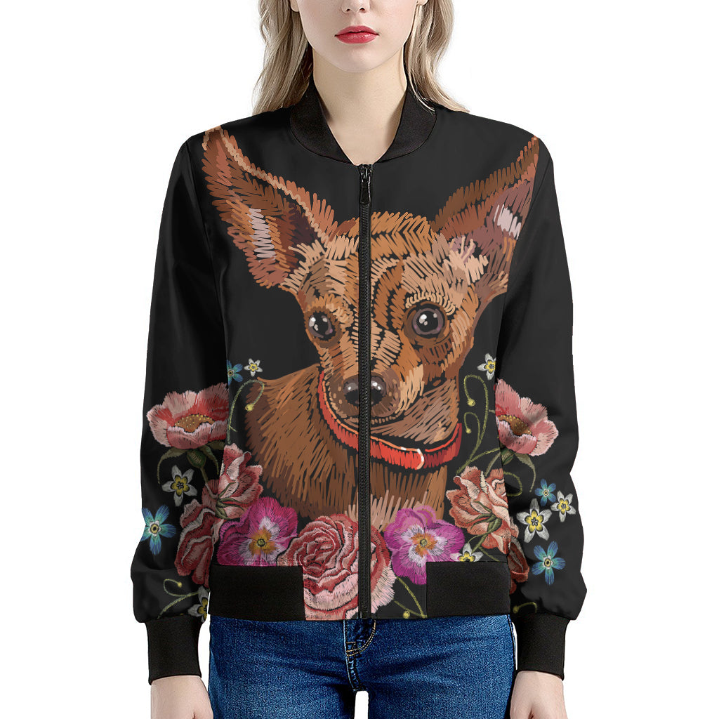 Embroidery Chihuahua And Flower Print Women's Bomber Jacket