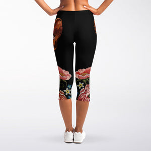 Embroidery Chihuahua And Flower Print Women's Capri Leggings