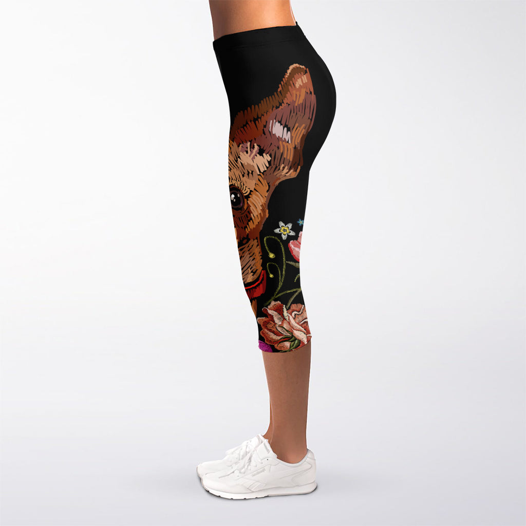 Embroidery Chihuahua And Flower Print Women's Capri Leggings