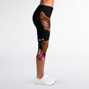 Embroidery Chihuahua And Flower Print Women's Capri Leggings