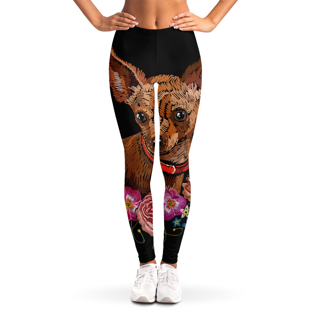 Embroidery Chihuahua And Flower Print Women's Leggings