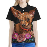 Embroidery Chihuahua And Flower Print Women's Polo Shirt