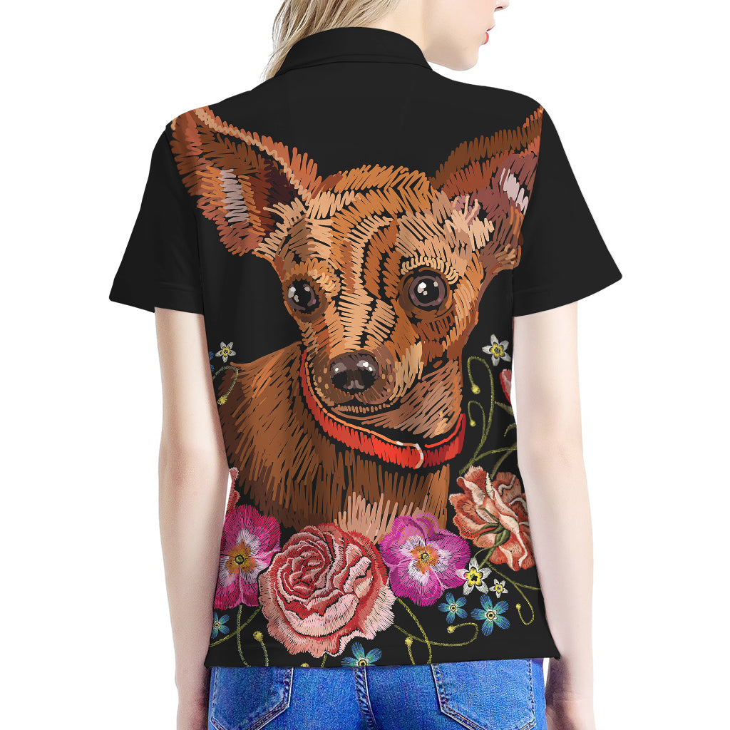 Embroidery Chihuahua And Flower Print Women's Polo Shirt