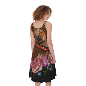 Embroidery Chihuahua And Flower Print Women's Sleeveless Dress