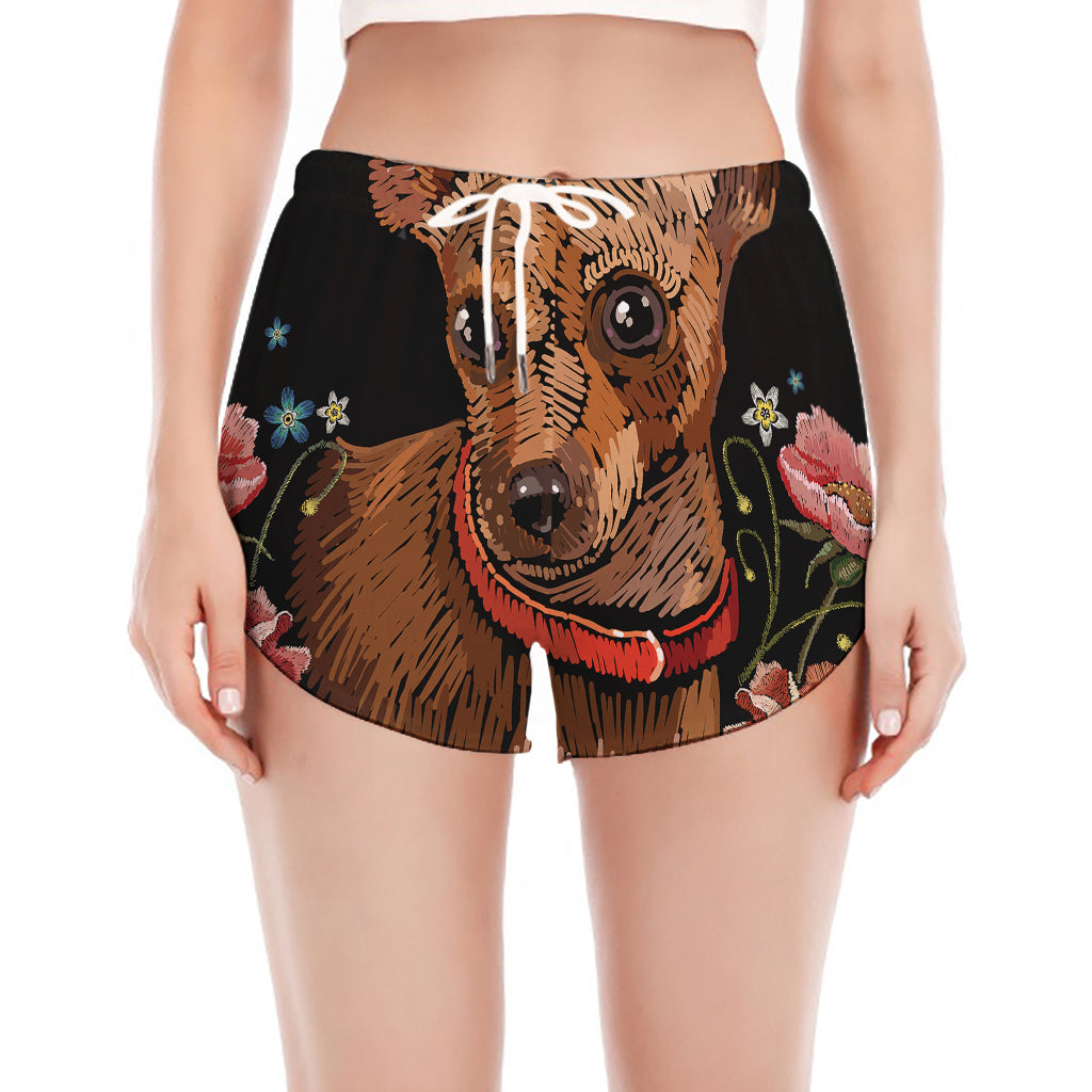 Embroidery Chihuahua And Flower Print Women's Split Running Shorts