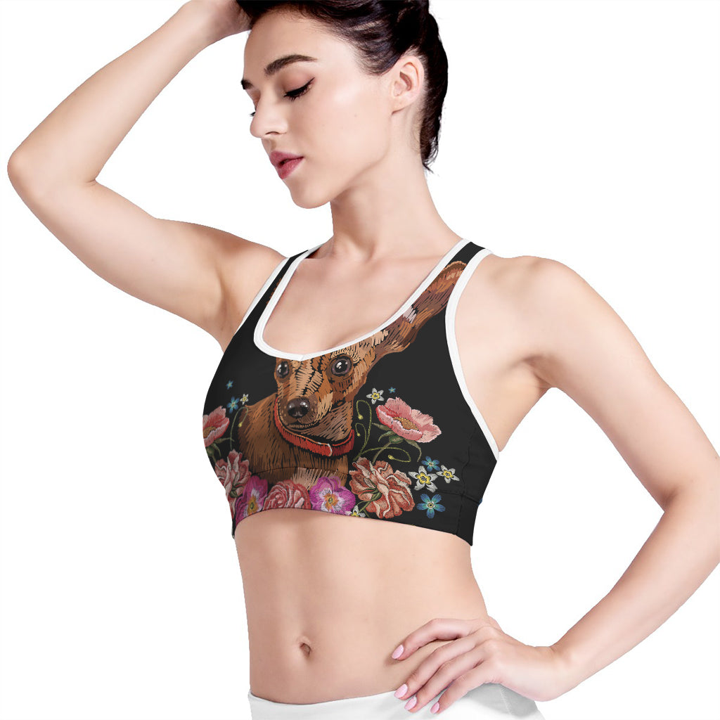 Embroidery Chihuahua And Flower Print Women's Sports Bra