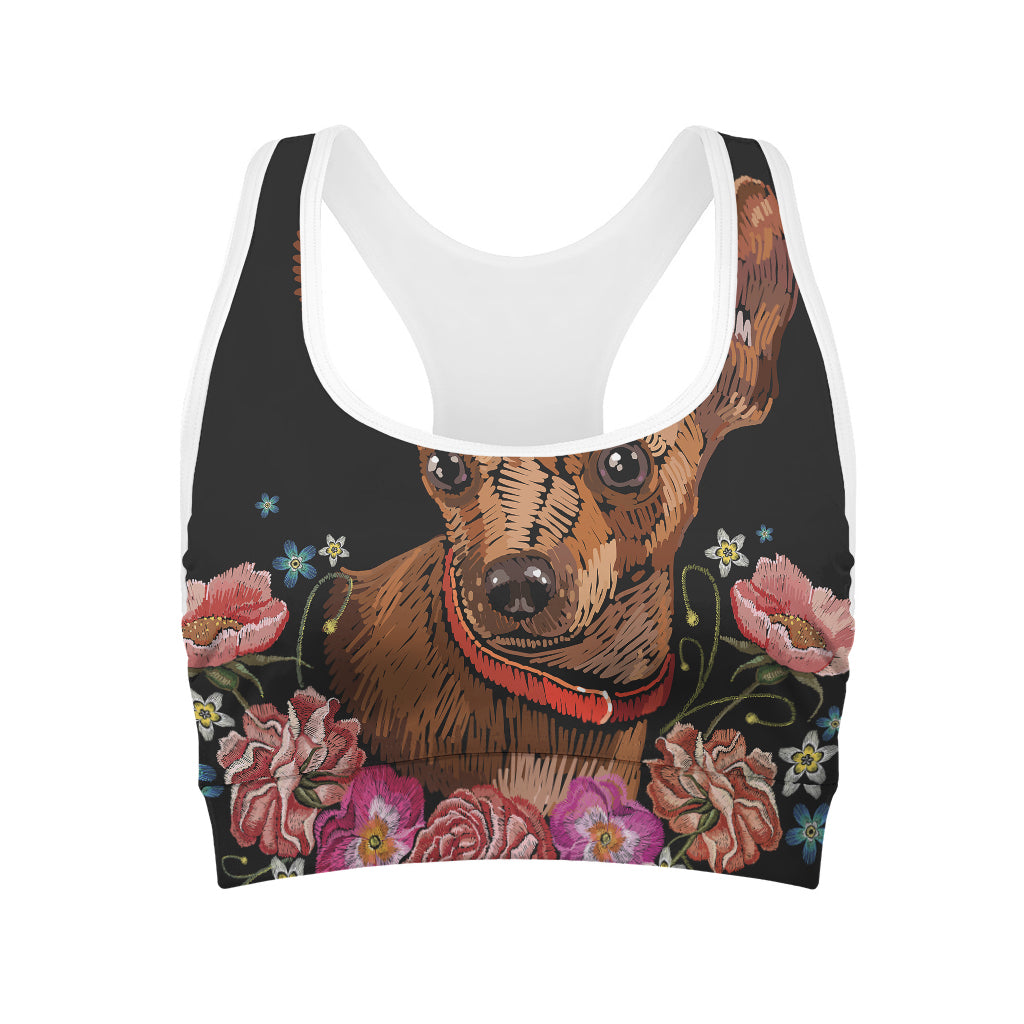 Embroidery Chihuahua And Flower Print Women's Sports Bra