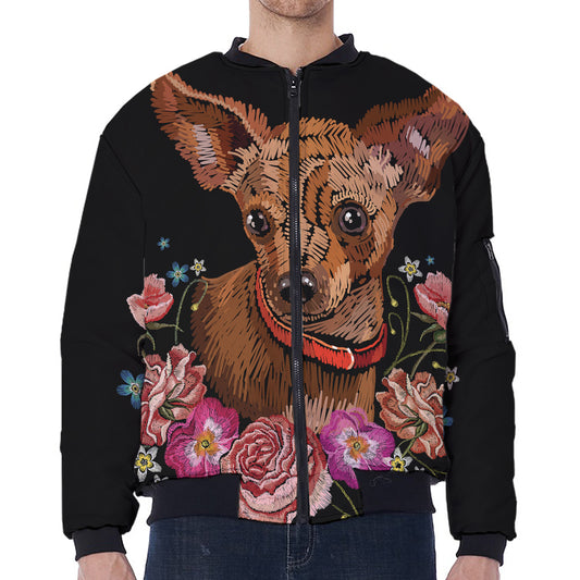 Embroidery Chihuahua And Flower Print Zip Sleeve Bomber Jacket