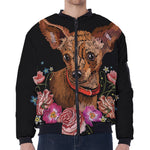 Embroidery Chihuahua And Flower Print Zip Sleeve Bomber Jacket