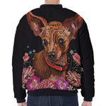 Embroidery Chihuahua And Flower Print Zip Sleeve Bomber Jacket