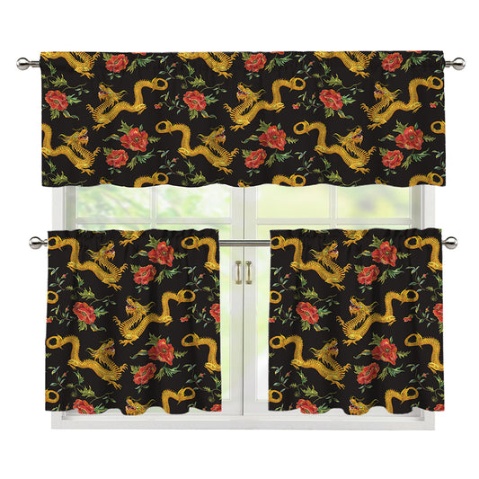 Embroidery Chinese Dragon Pattern Print 3 Piece Kitchen Curtains