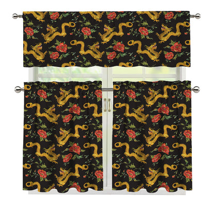 Embroidery Chinese Dragon Pattern Print 3 Piece Kitchen Curtains