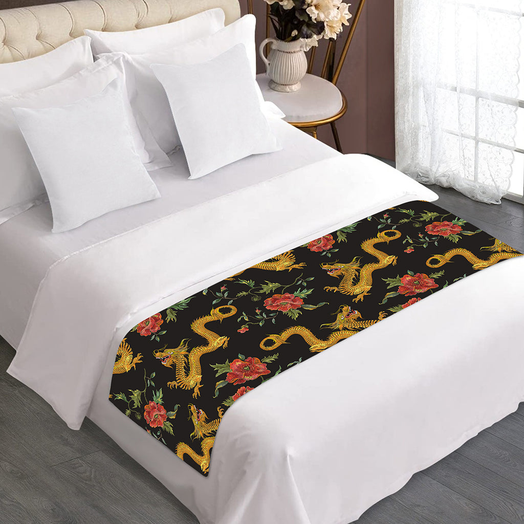 Embroidery Chinese Dragon Pattern Print Bed Runner