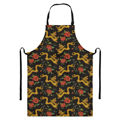 Embroidery Chinese Dragon Pattern Print Bib Apron With Pocket
