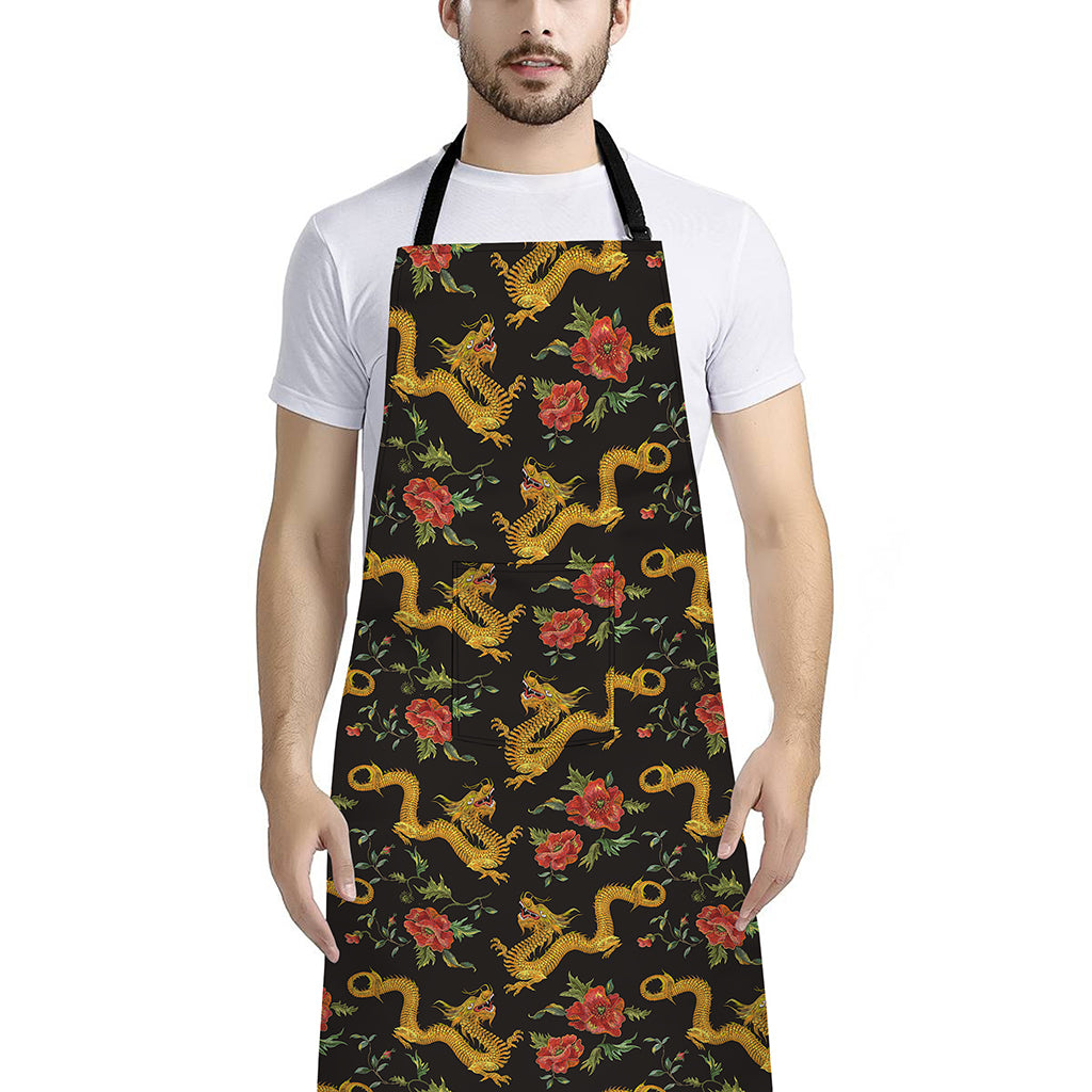 Embroidery Chinese Dragon Pattern Print Bib Apron With Pocket