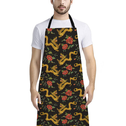 Embroidery Chinese Dragon Pattern Print Bib Apron With Pocket