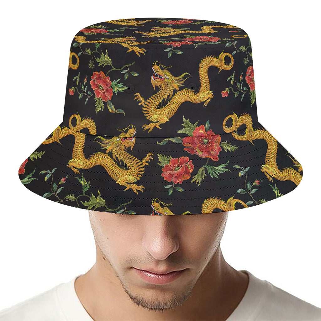 Embroidery Chinese Dragon Pattern Print Bucket Hat
